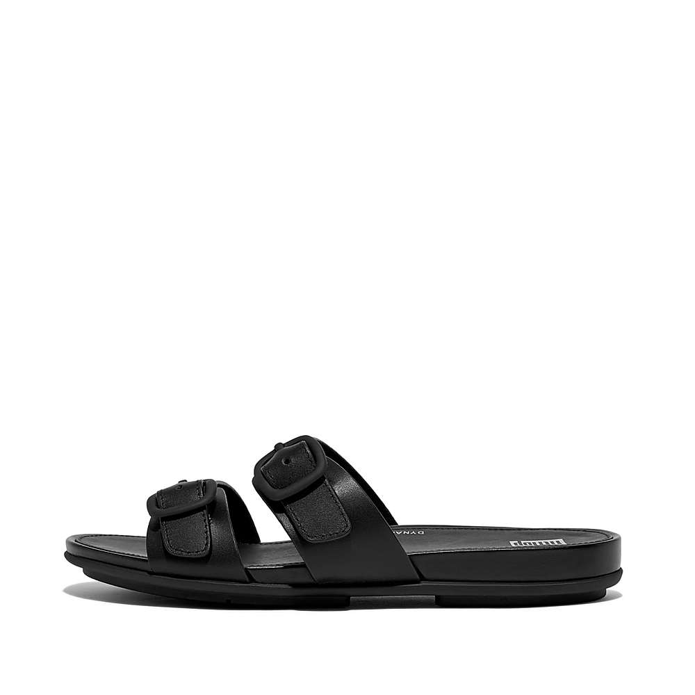 Fitflop GRACIE Buckle Two-Bar Leather Slides Sandalen Dames Zwart | NVQ435296