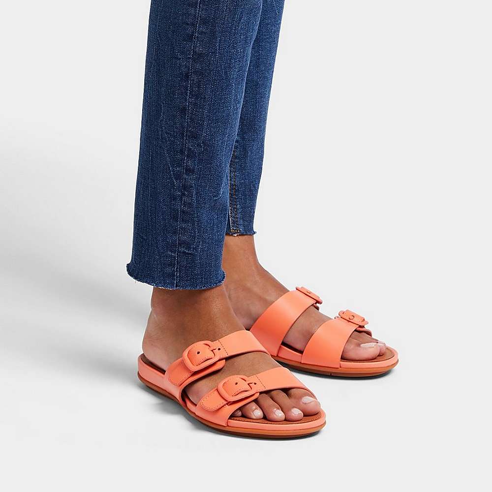 Fitflop GRACIE Buckle Two-Bar Leather Slides Sandalen Dames Oranje Koraal | PTG531798