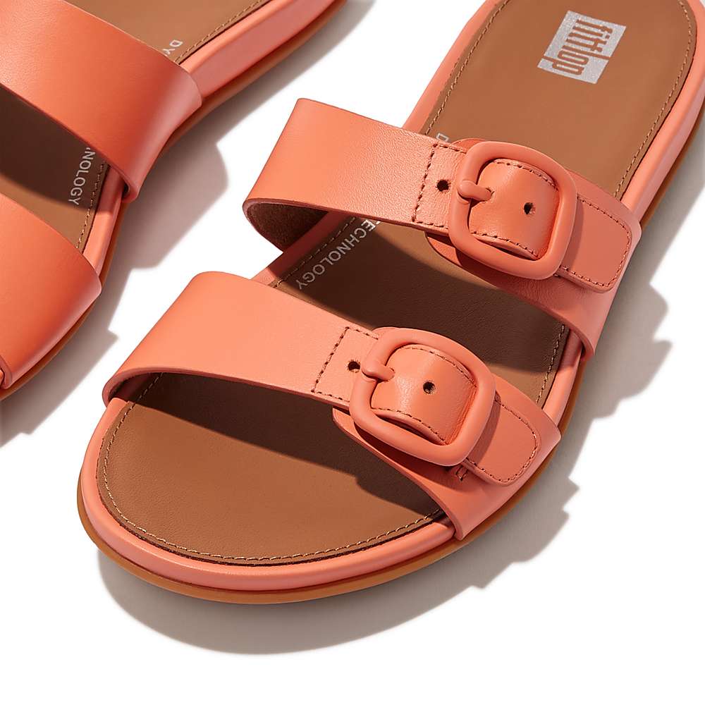 Fitflop GRACIE Buckle Two-Bar Leather Slides Sandalen Dames Oranje Koraal | PTG531798