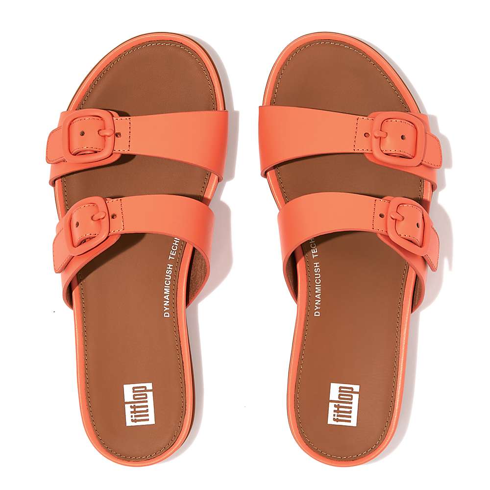 Fitflop GRACIE Buckle Two-Bar Leather Slides Sandalen Dames Oranje Koraal | PTG531798