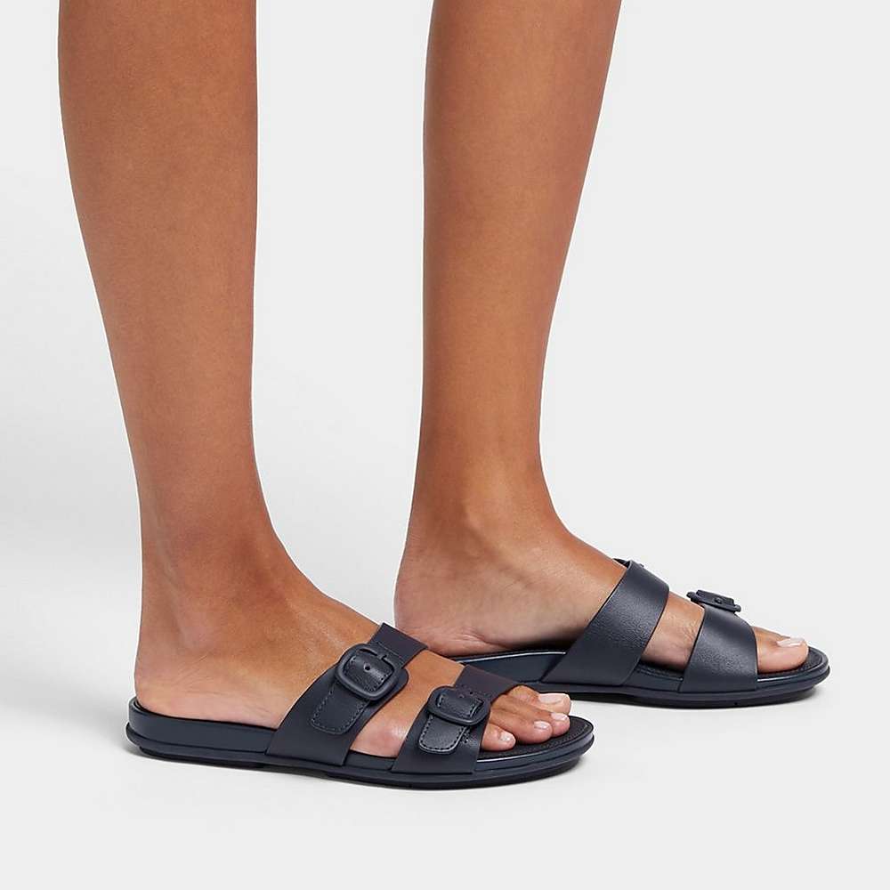 Fitflop GRACIE Buckle Two-Bar Leather Slides Sandalen Dames Donkerblauw | VYK508412