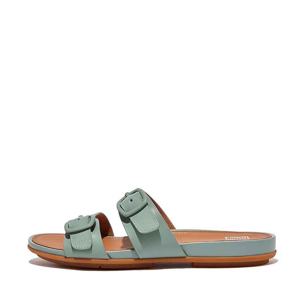 Fitflop GRACIE Buckle Two-Bar Leather Slides Sandalen Dames Blauw | WOD504819