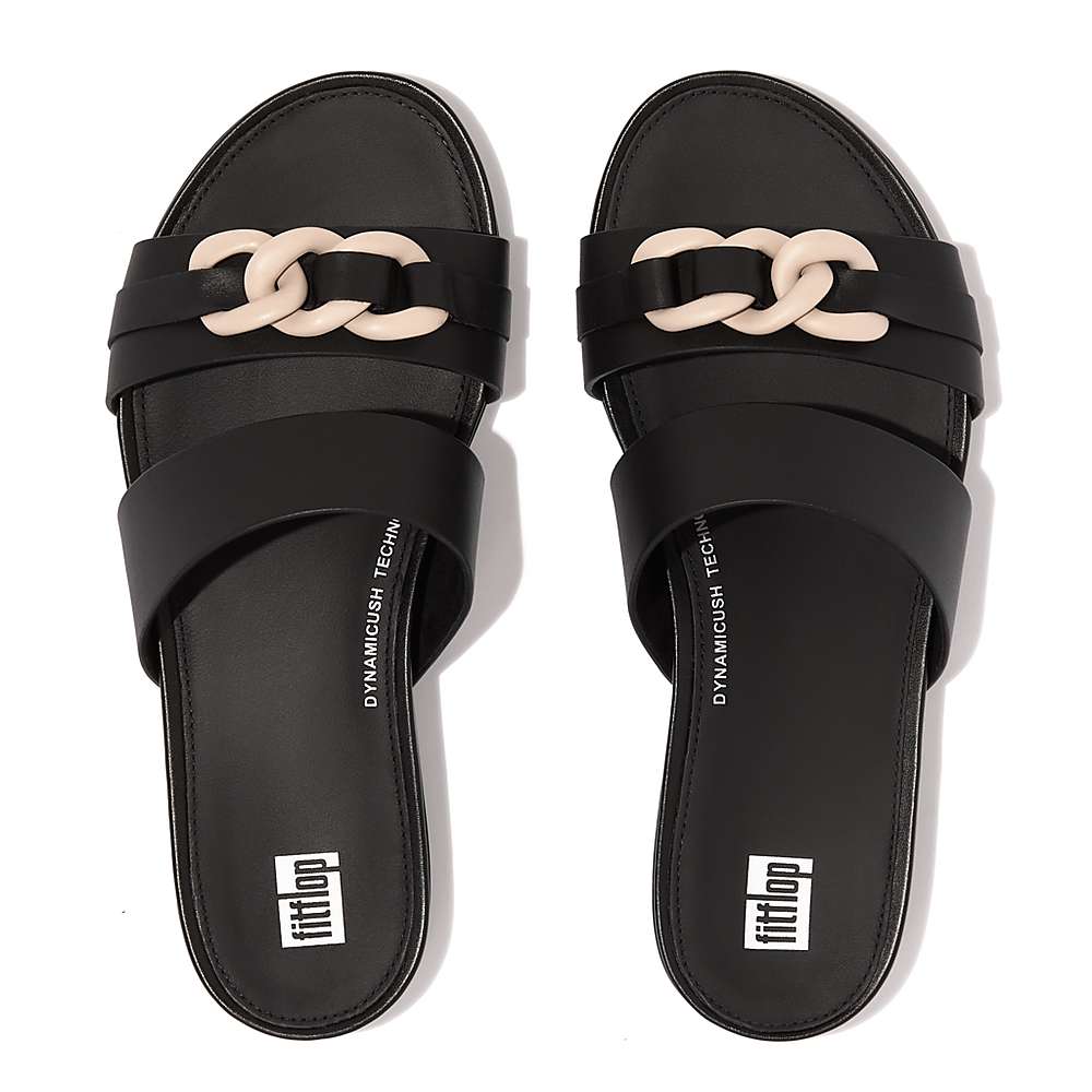 Fitflop GRACIE Chain Leather Two-Bar Slides Sandalen Dames Zwart | KMB129364