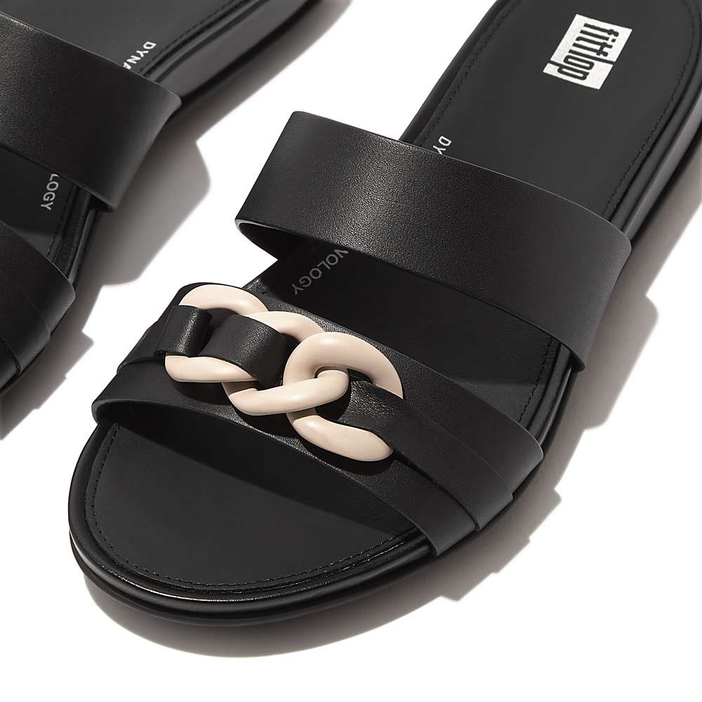 Fitflop GRACIE Chain Leather Two-Bar Slides Sandalen Dames Zwart | KMB129364