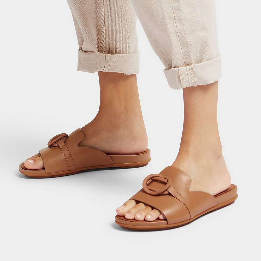 Fitflop GRACIE Circlet Leather Slides Sandalen Dames Bruin | QFT659047