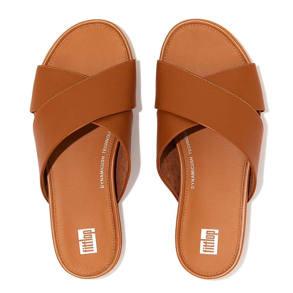 Fitflop GRACIE Leather Cross Slides Sandalen Dames Lichtbruin | BOY671325