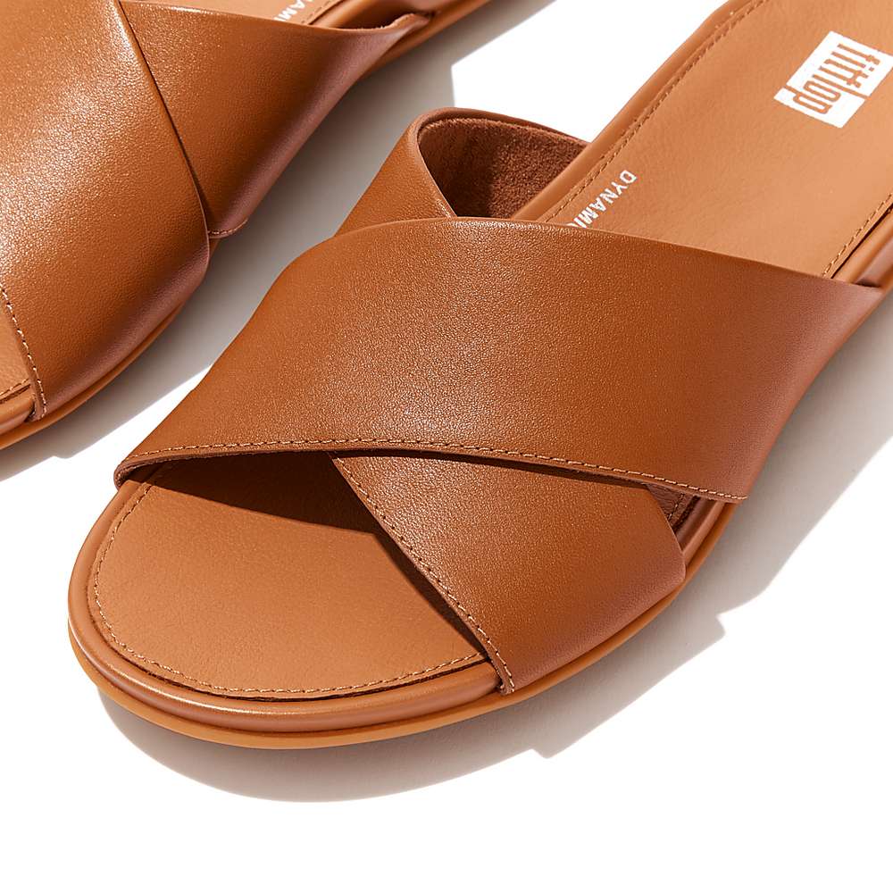 Fitflop GRACIE Leather Cross Slides Sandalen Dames Lichtbruin | BOY671325