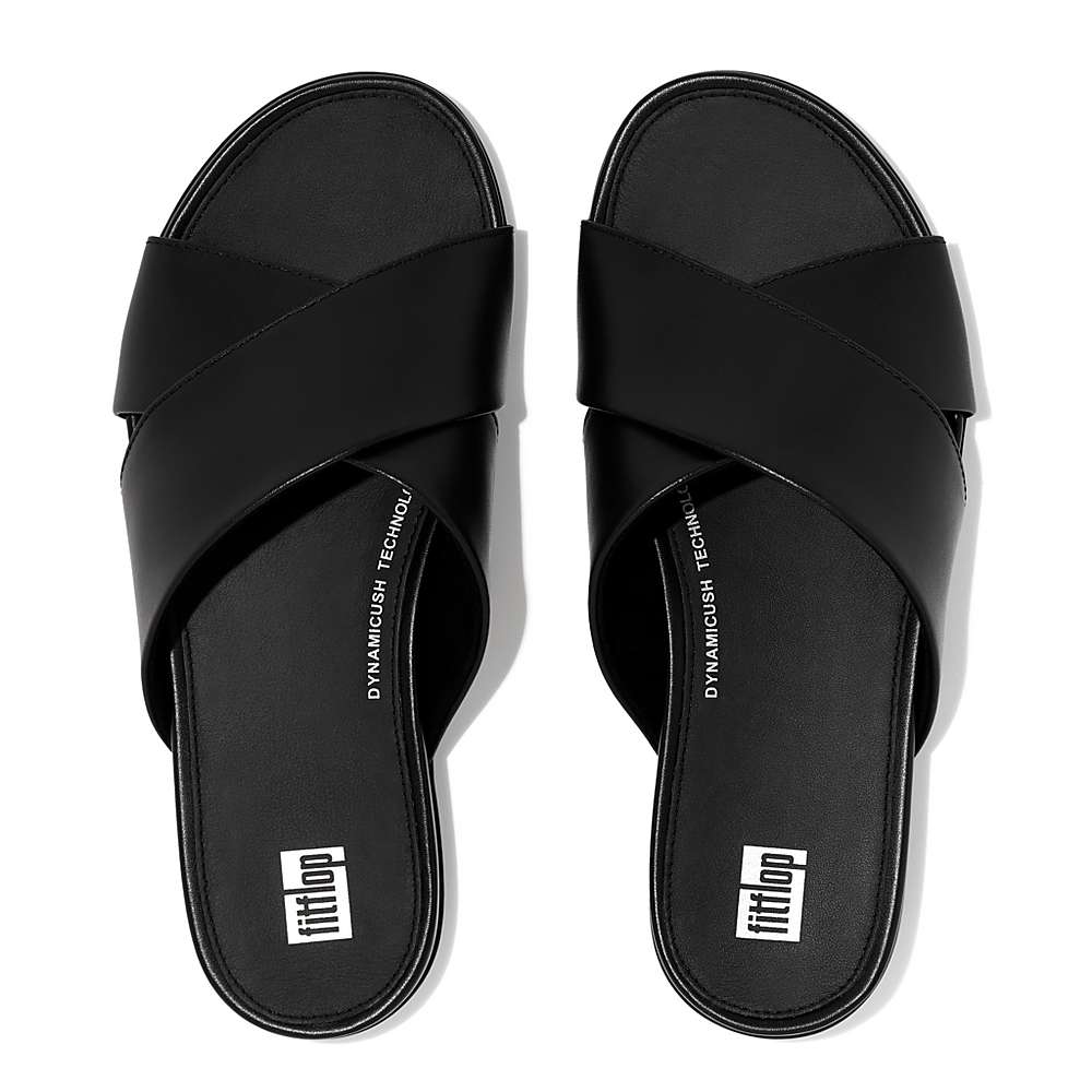 Fitflop GRACIE Leather Cross Slides Sandalen Dames Zwart | XUM087935