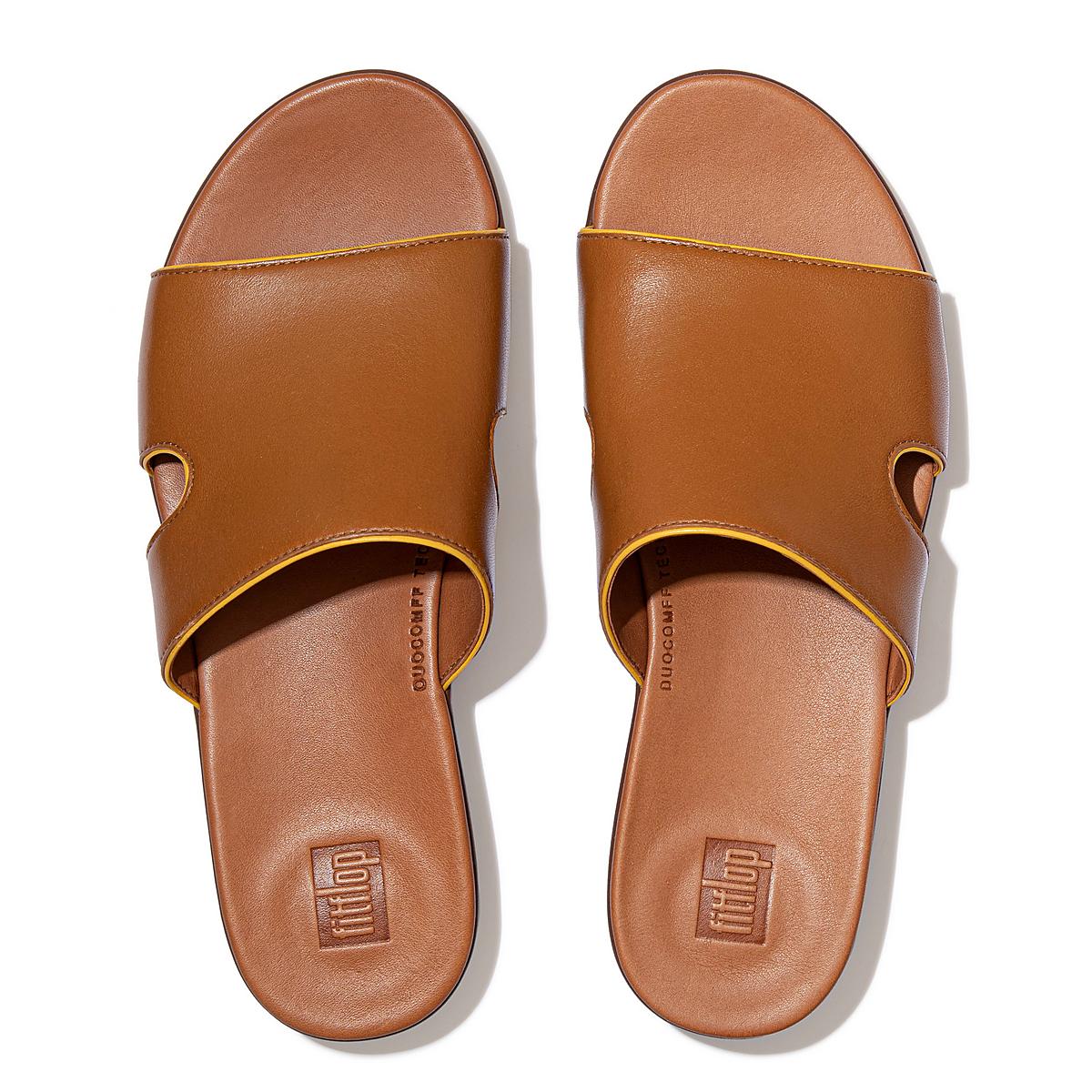 Fitflop H-Bar Pop Binding Leather Slides Sandalen Dames Lichtbruin Oranje Geel | JCN708612