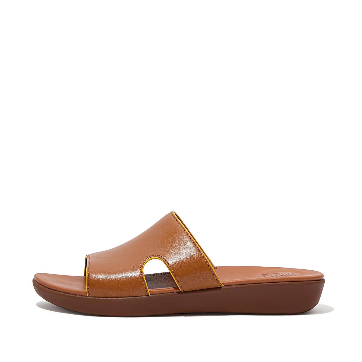 Fitflop H-Bar Pop Binding Leather Slides Sandalen Dames Lichtbruin Oranje Geel | JCN708612