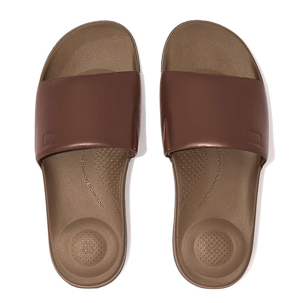 Fitflop IQUSHION Ergonomic Leather Badslippers Heren Donkerbruin | JTZ841052