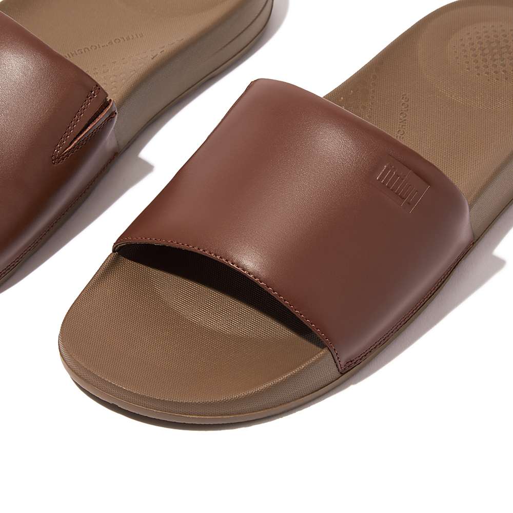 Fitflop IQUSHION Ergonomic Leather Badslippers Heren Donkerbruin | JTZ841052