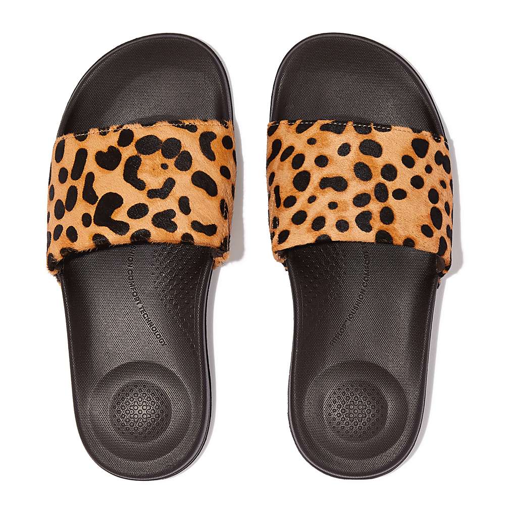 Fitflop IQUSHION Leopard-Print Leather Slides Badslippers Dames Leopard | RVA438179