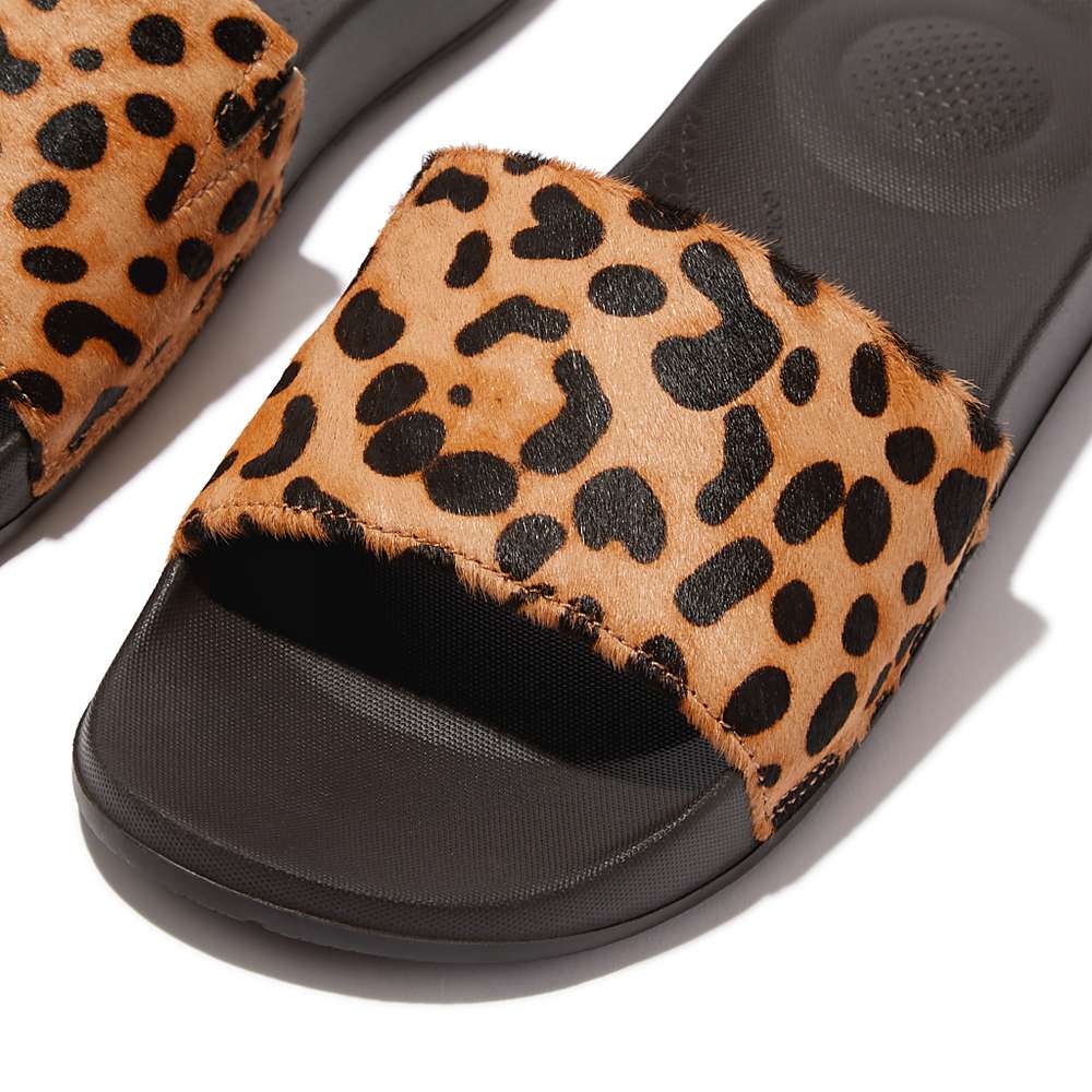 Fitflop IQUSHION Leopard-Print Leather Slides Badslippers Dames Leopard | RVA438179