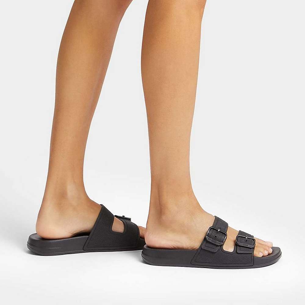 Fitflop IQUSHION Two-Bar Buckle Badslippers Dames Zwart | RAS035417