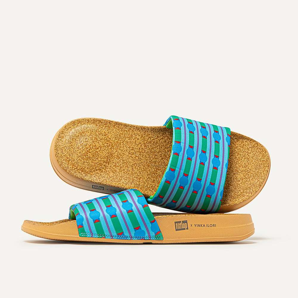 Fitflop IQUSHION X Yinka Ilori Water-Resistant Badslippers Dames Blauw Groen | XCP042813