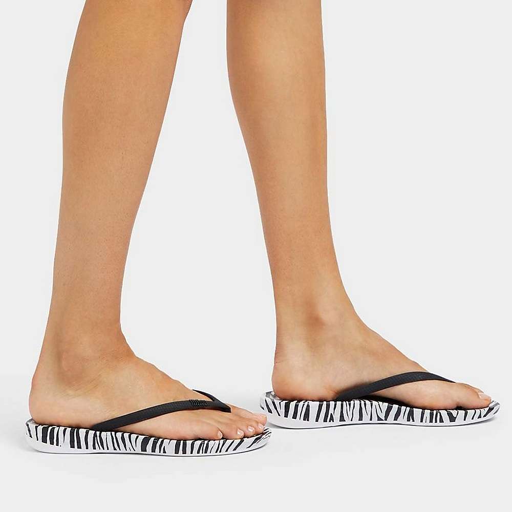 Fitflop IQUSHION Zebra Print Ergonomic Teenslippers Dames Zwart Wit | ZSB912306