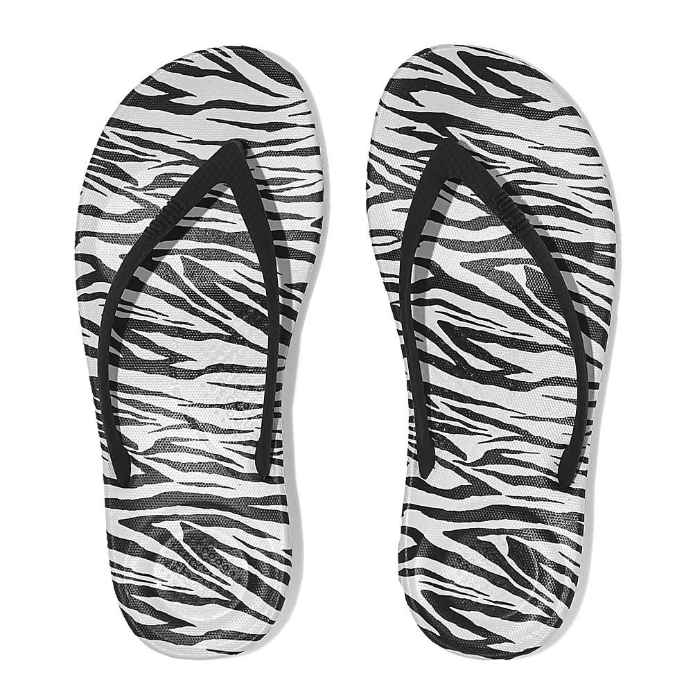 Fitflop IQUSHION Zebra Print Ergonomic Teenslippers Dames Zwart Wit | ZSB912306