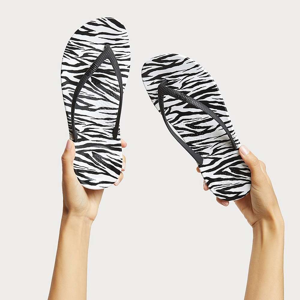 Fitflop IQUSHION Zebra Print Ergonomic Teenslippers Dames Zwart Wit | ZSB912306