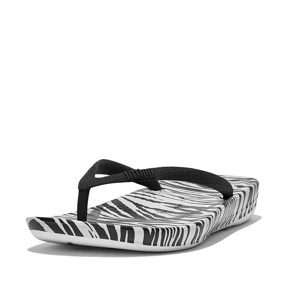 Fitflop IQUSHION Zebra Print Ergonomic Teenslippers Dames Zwart Wit | ZSB912306