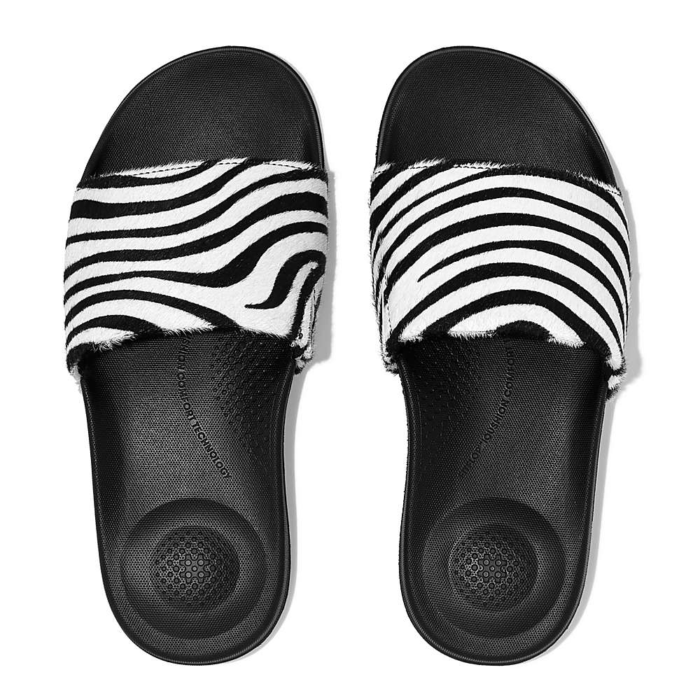 Fitflop IQUSHION Zebra Print Leather Slides Badslippers Dames Zwart Wit | IHL849352