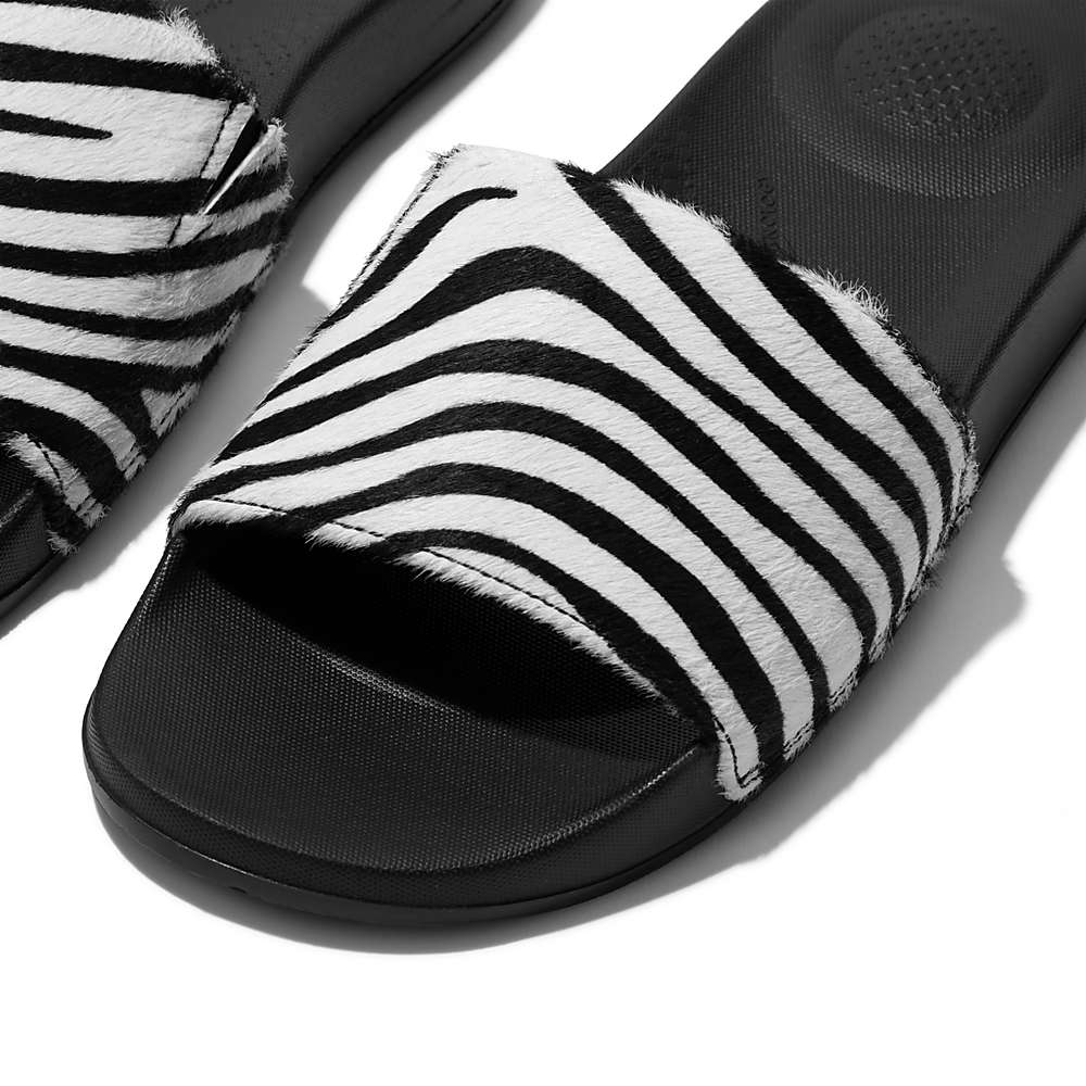 Fitflop IQUSHION Zebra Print Leather Slides Badslippers Dames Zwart Wit | IHL849352