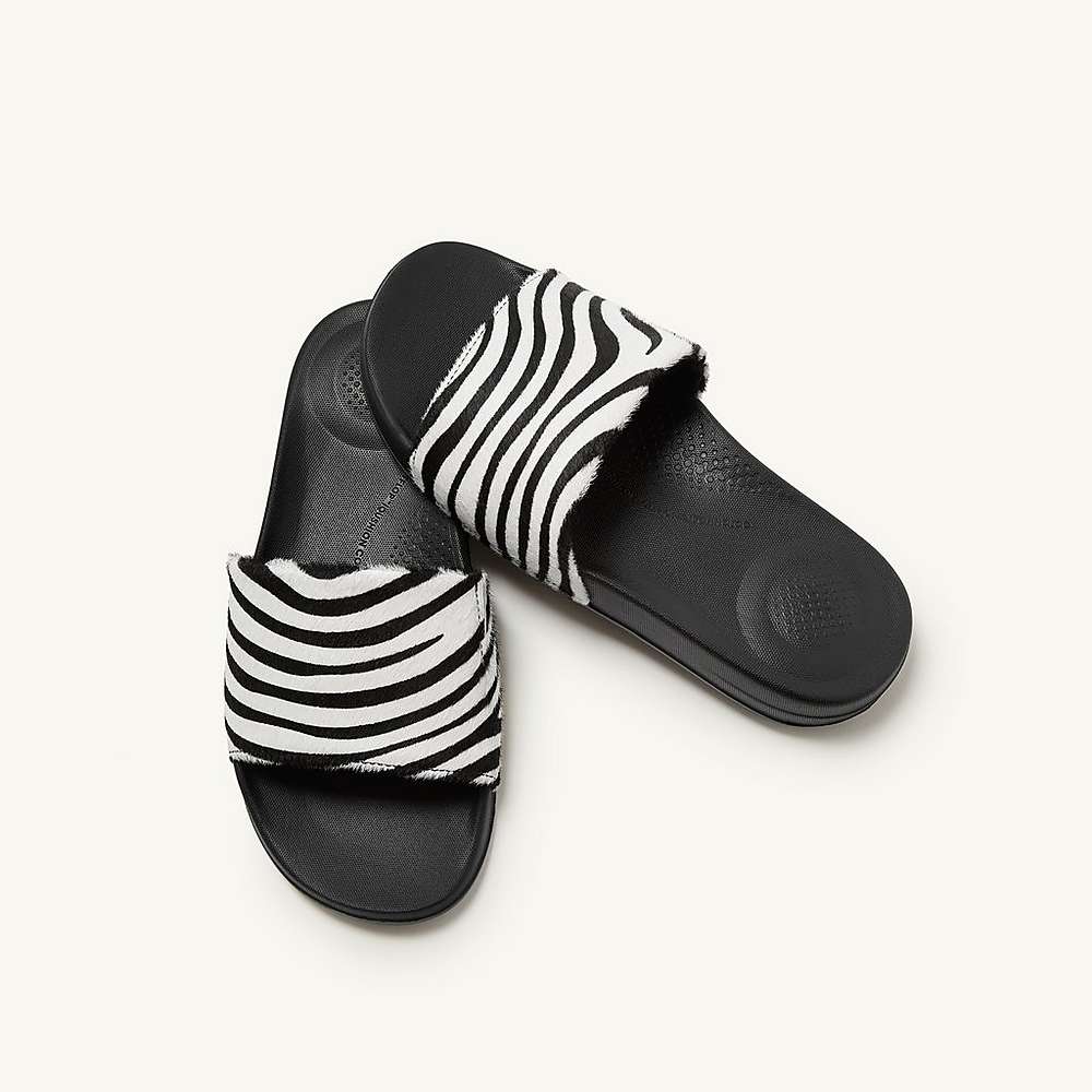 Fitflop IQUSHION Zebra Print Leather Slides Badslippers Dames Zwart Wit | IHL849352