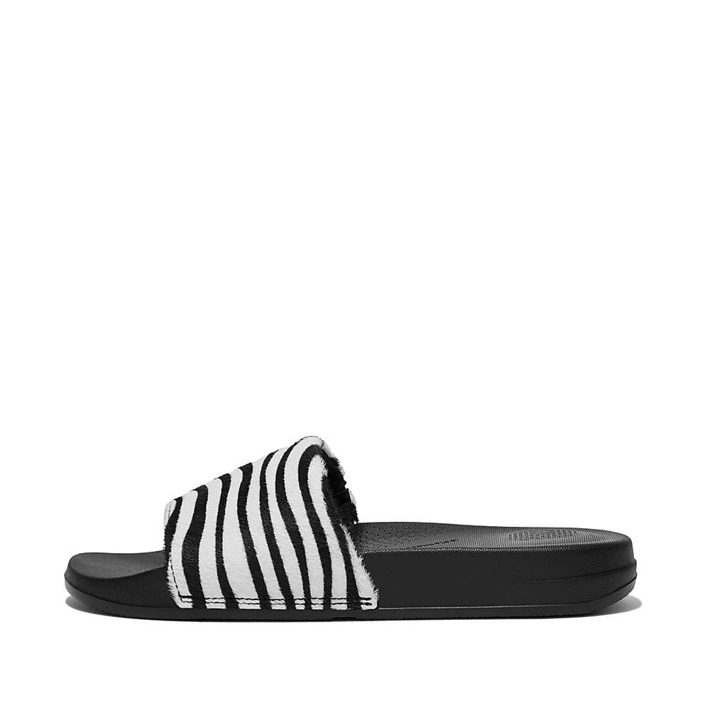 Fitflop IQUSHION Zebra Print Leather Slides Badslippers Dames Zwart Wit | IHL849352