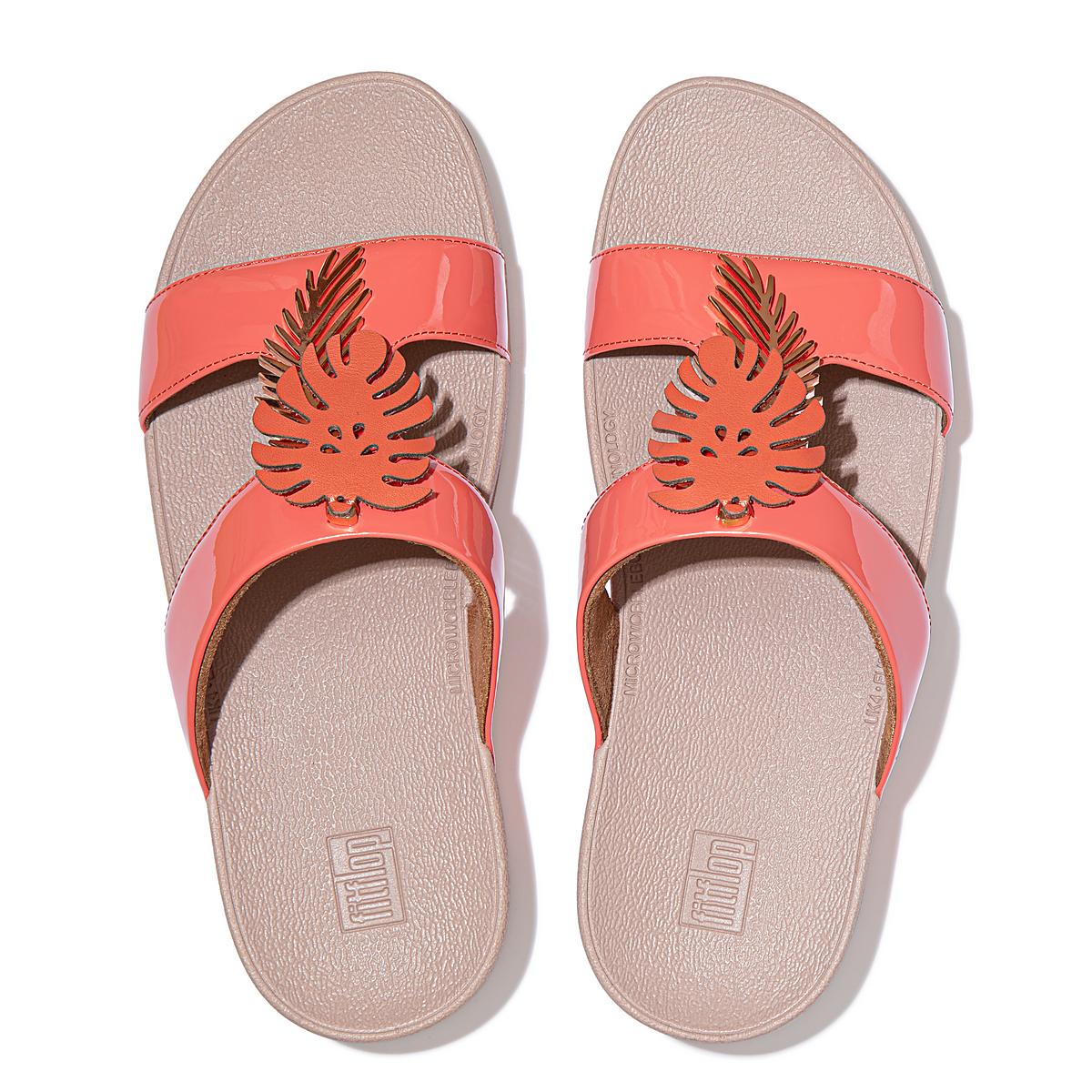 Fitflop LOTTIE Jungle Leaf Lak Slides Sandalen Dames Koraal Roze | WIR368794