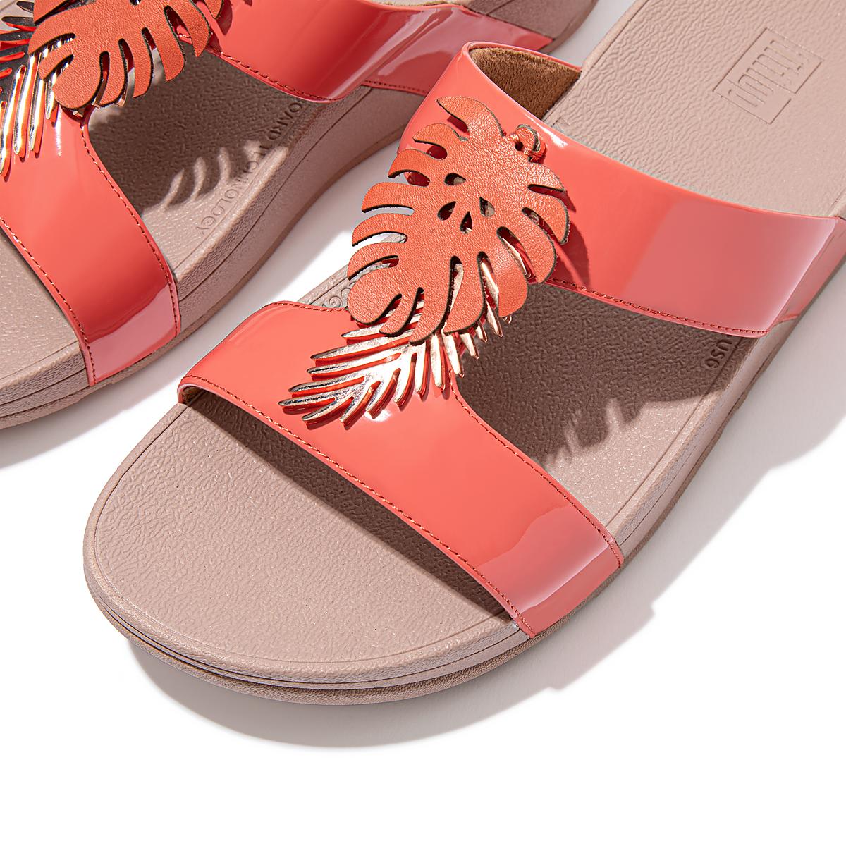 Fitflop LOTTIE Jungle Leaf Lak Slides Sandalen Dames Koraal Roze | WIR368794