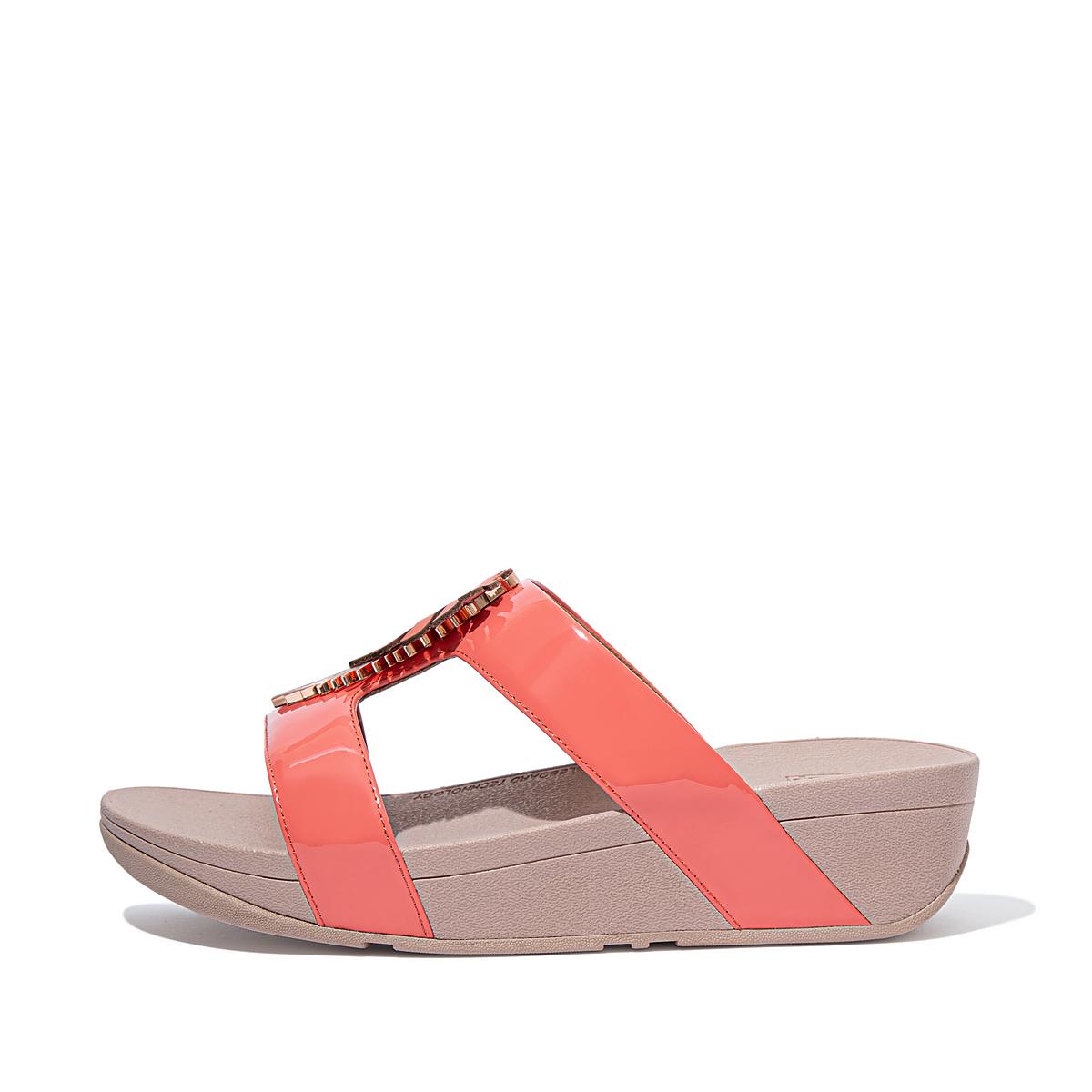 Fitflop LOTTIE Jungle Leaf Lak Slides Sandalen Dames Koraal Roze | WIR368794