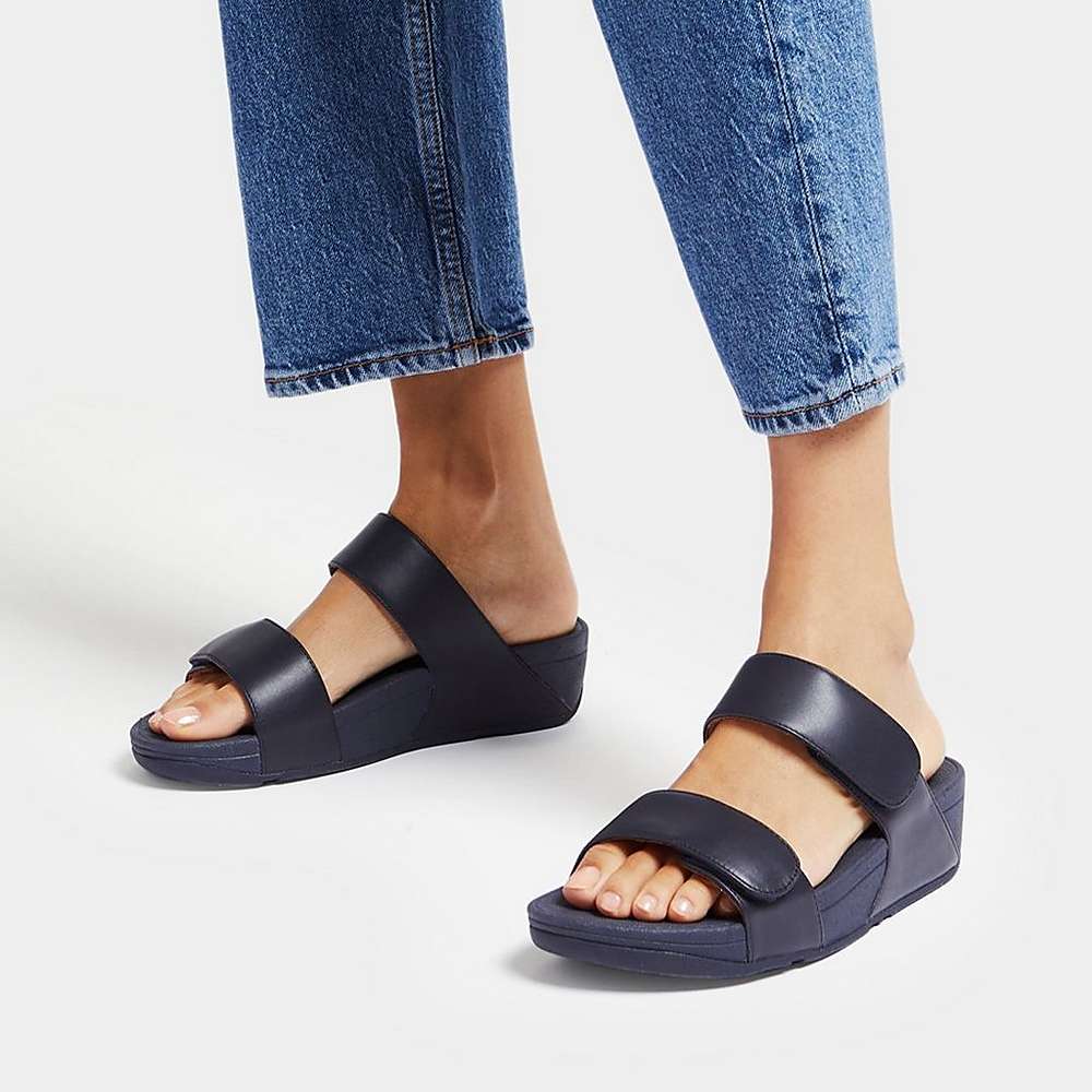 Fitflop LULU Adjustable Leather Slides Sandalen Dames Donkerblauw | MUS247063