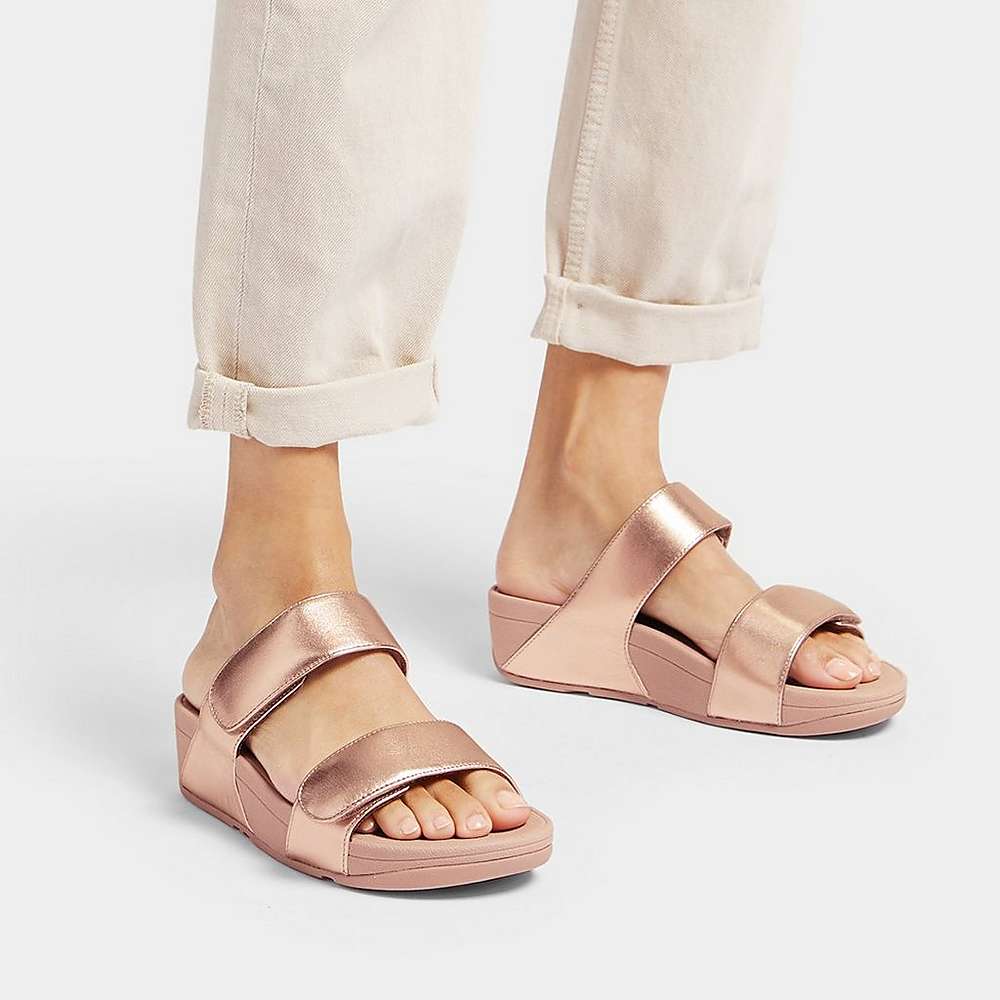 Fitflop LULU Adjustable Leather Slides Sandalen Dames Roze Goud | TUB472596