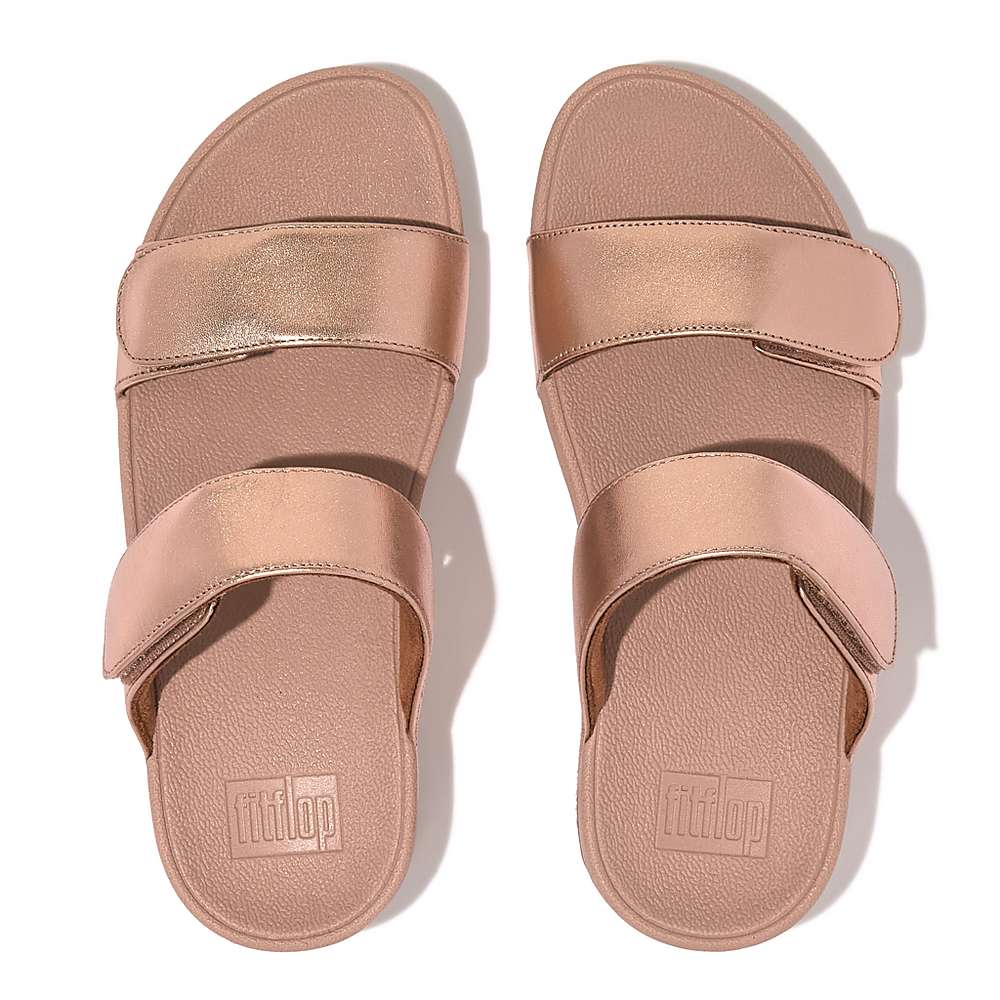 Fitflop LULU Adjustable Leather Slides Sandalen Dames Roze Goud | TUB472596