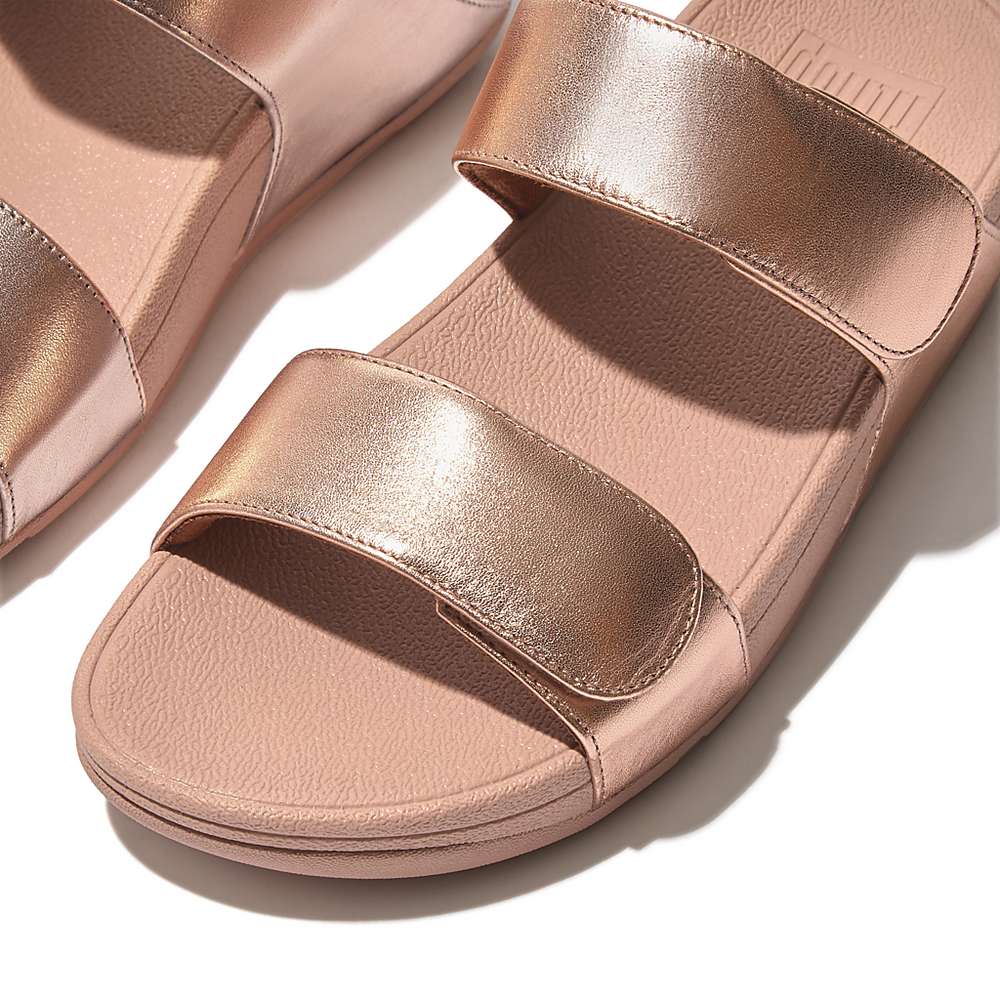 Fitflop LULU Adjustable Leather Slides Sandalen Dames Roze Goud | TUB472596