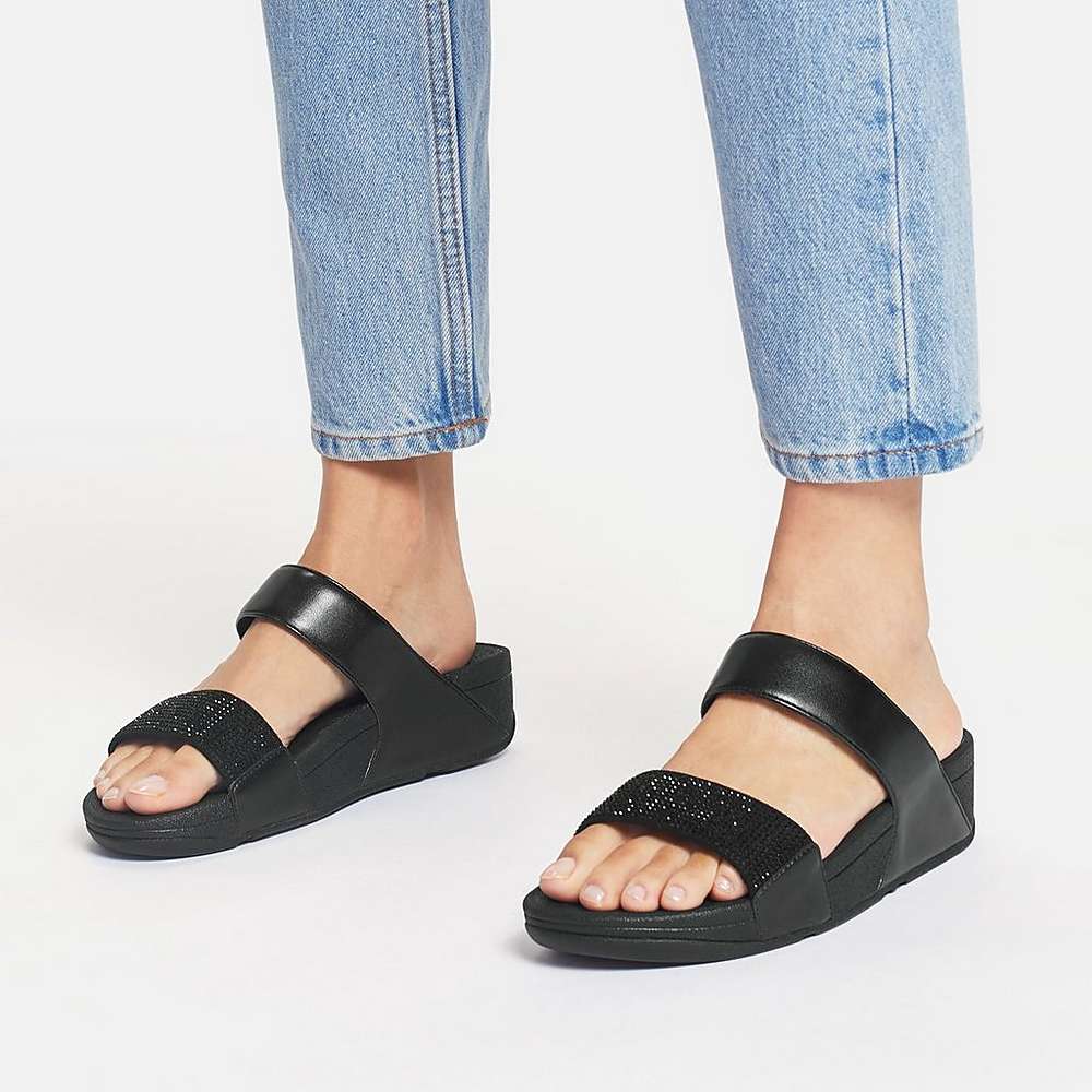 Fitflop LULU Crystal Slides Sandalen Dames Zwart | TOK492870