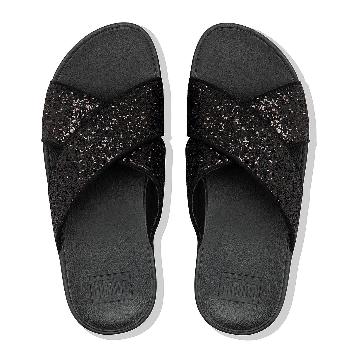 Fitflop LULU Glitter Cross Slides Sandalen Dames Zwart | OGF257140