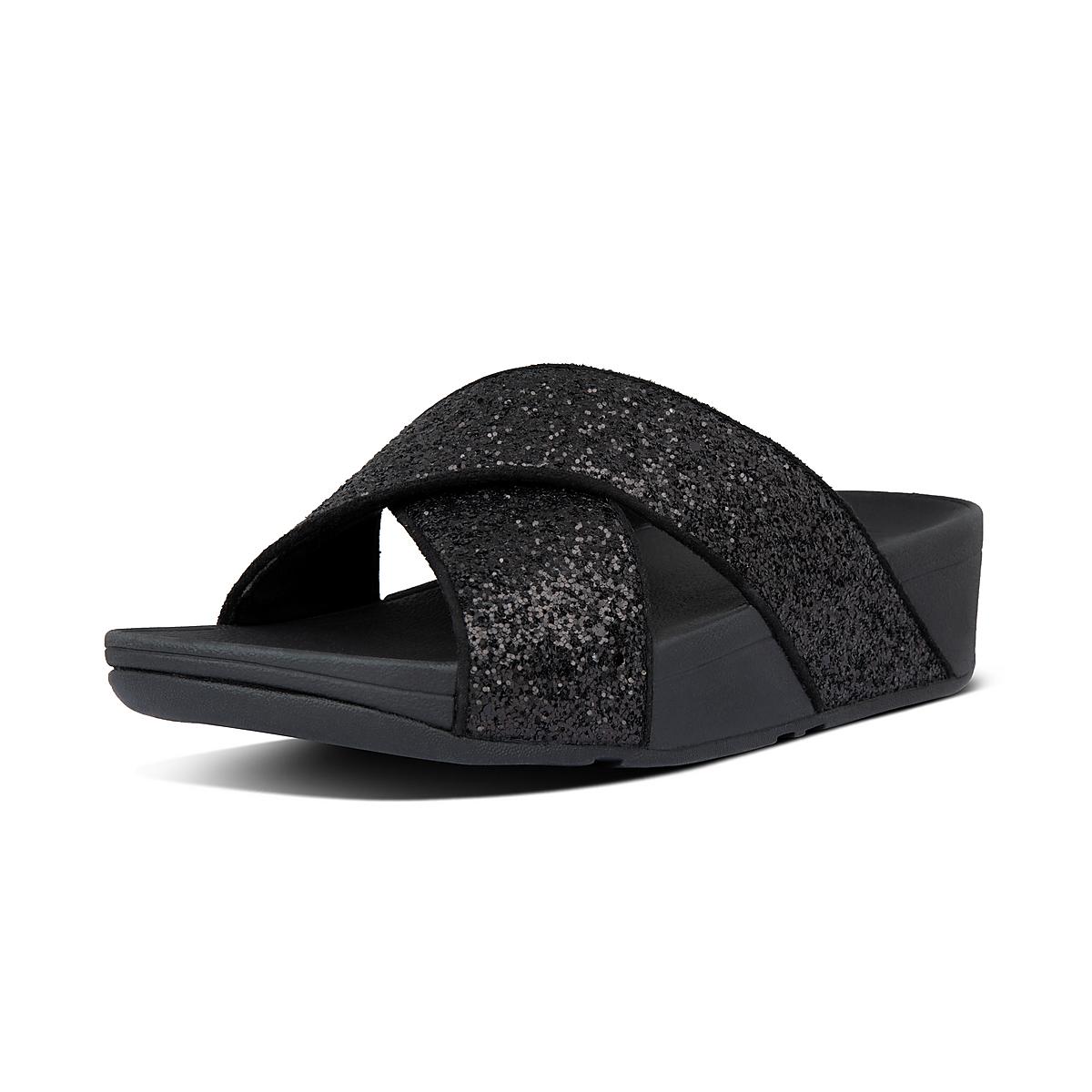 Fitflop LULU Glitter Cross Slides Sandalen Dames Zwart | OGF257140