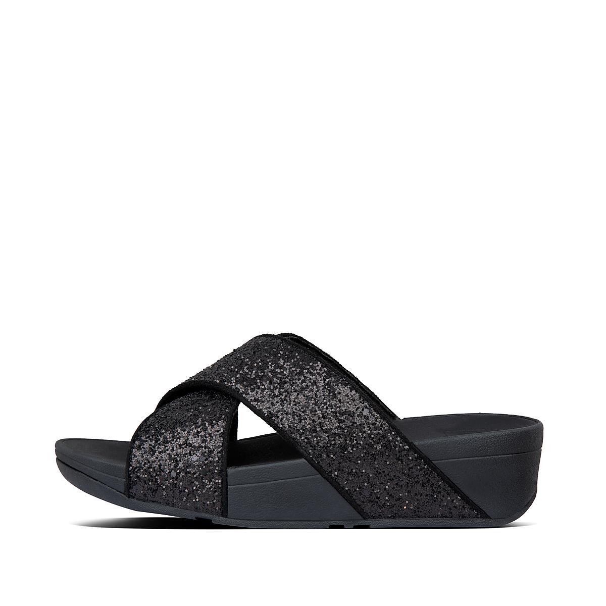 Fitflop LULU Glitter Cross Slides Sandalen Dames Zwart | OGF257140