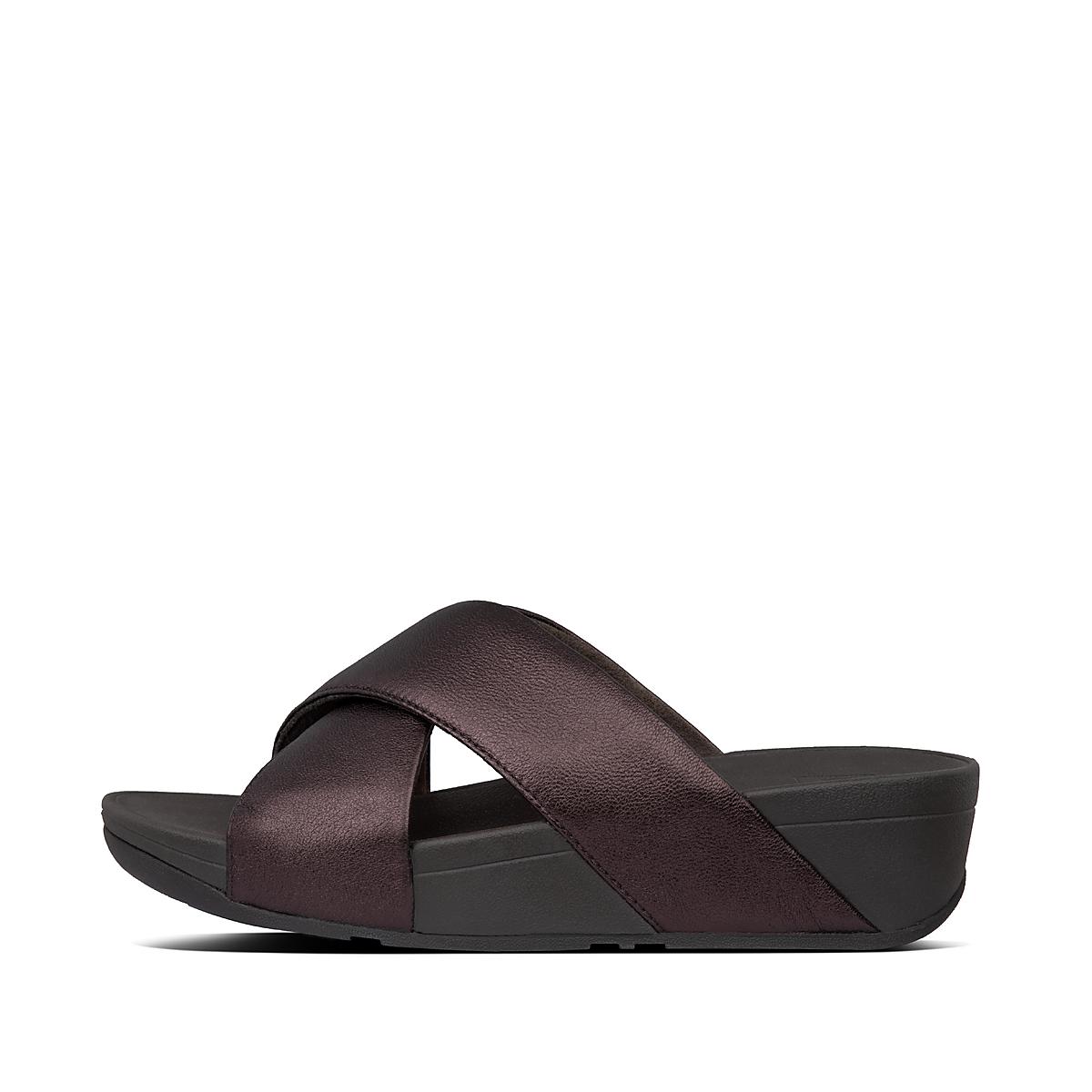 Fitflop LULU Metallic Leather Cross Slides Sandalen Dames Chocola | UAF146032