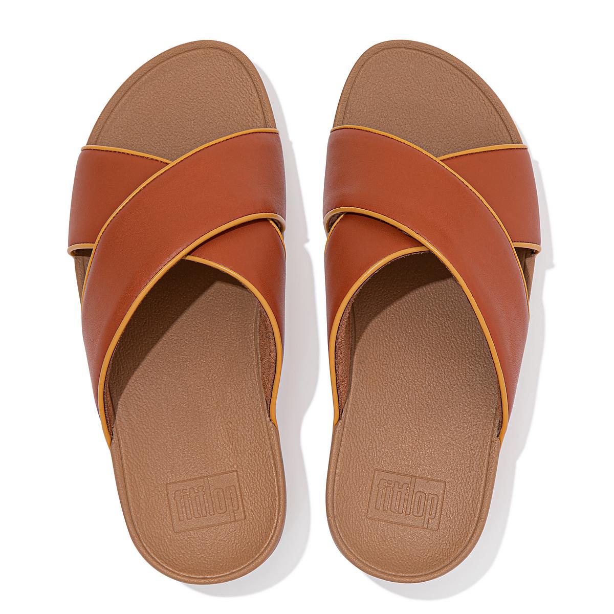 Fitflop LULU Pop Binding Leather Cross Slides Sandalen Dames Bruin | CYE567483