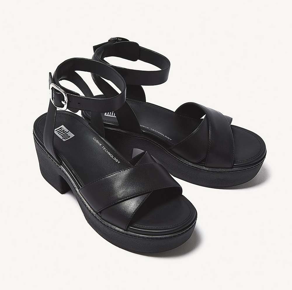 Fitflop PILAR Leather Ankle-Strap Sandalen met plateauzool Dames Zwart | JGE697382