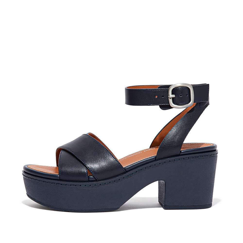 Fitflop PILAR Leather Ankle-Strap Sandalen met plateauzool Dames Donkerblauw | MDR358961