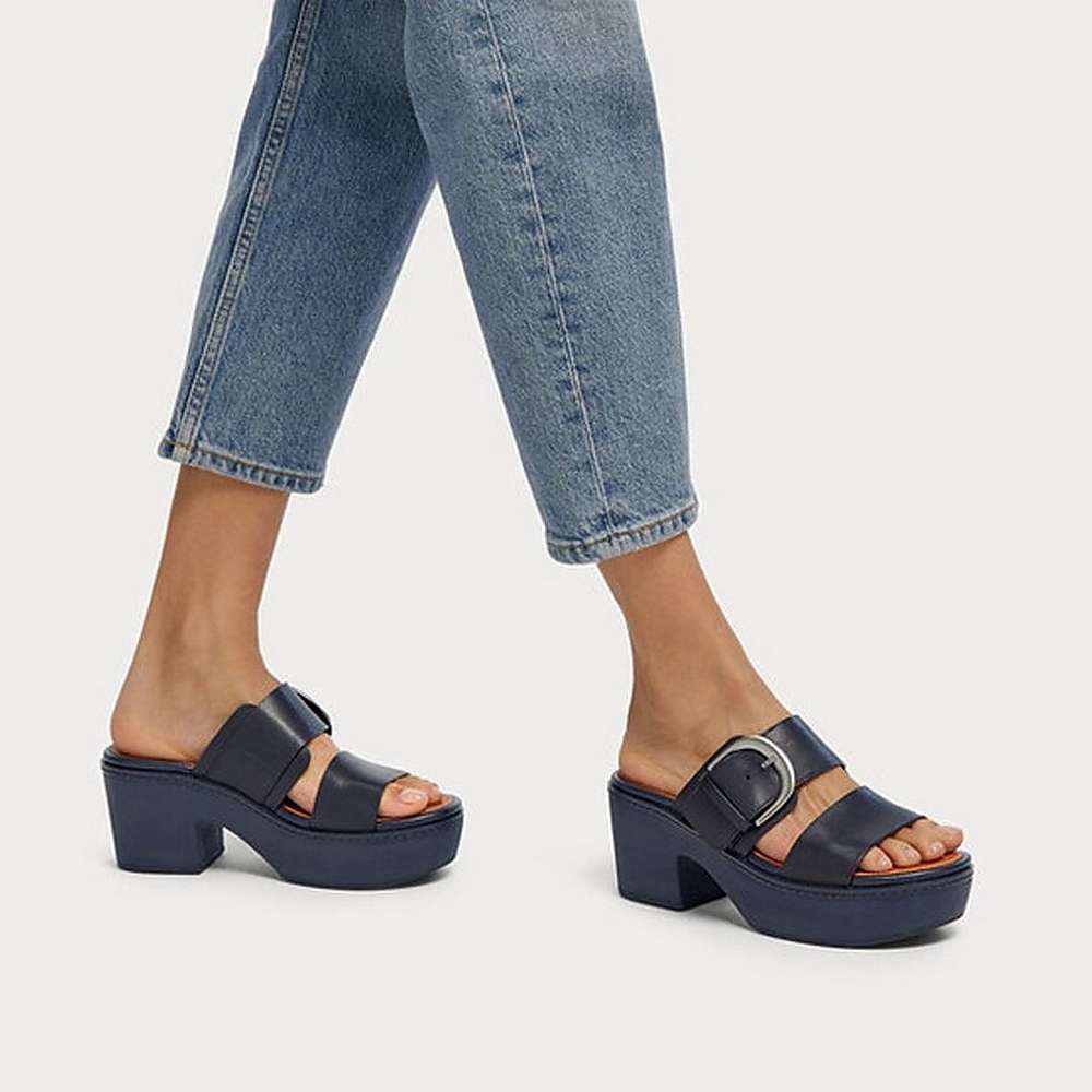 Fitflop PILAR Leather Platform Slides Sandalen Dames Donkerblauw | BHS451609