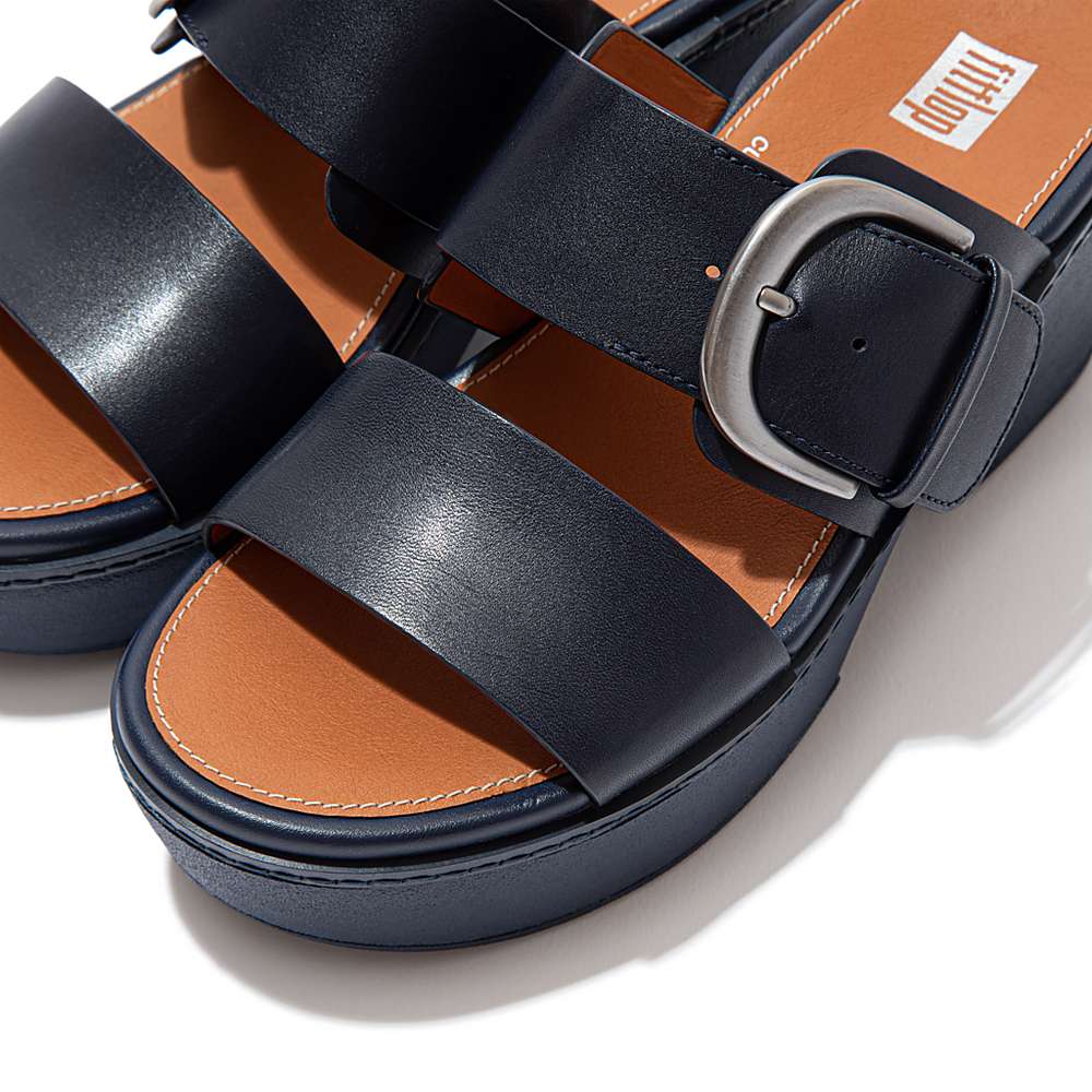 Fitflop PILAR Leather Platform Slides Sandalen Dames Donkerblauw | BHS451609