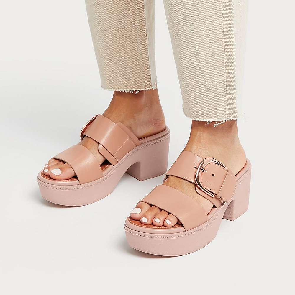 Fitflop PILAR Leather Slide Sandalen met plateauzool Dames Beige | OWU013452