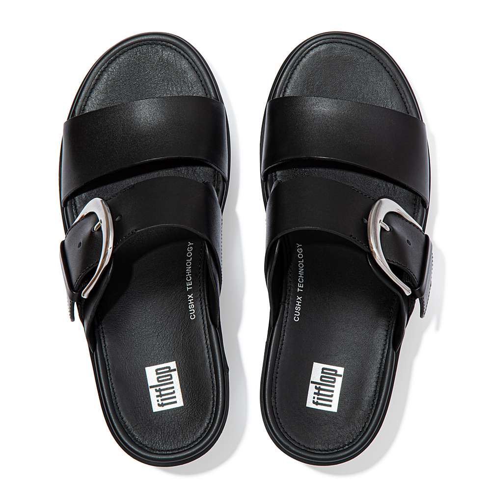 Fitflop PILAR Leather Slide Sandalen met plateauzool Dames Zwart | VOK349052