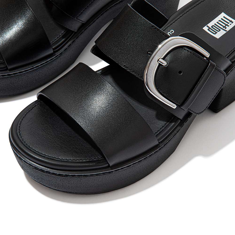 Fitflop PILAR Leather Slide Sandalen met plateauzool Dames Zwart | VOK349052