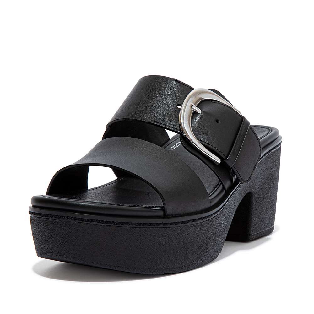 Fitflop PILAR Leather Slide Sandalen met plateauzool Dames Zwart | VOK349052