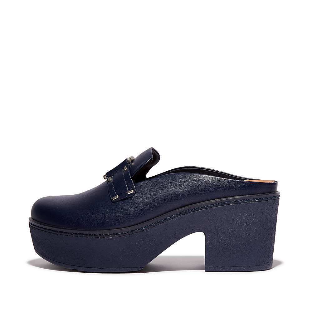 Fitflop PILAR Stud-Buckle Leather Platform Mules Dames Donkerblauw | WHY537264